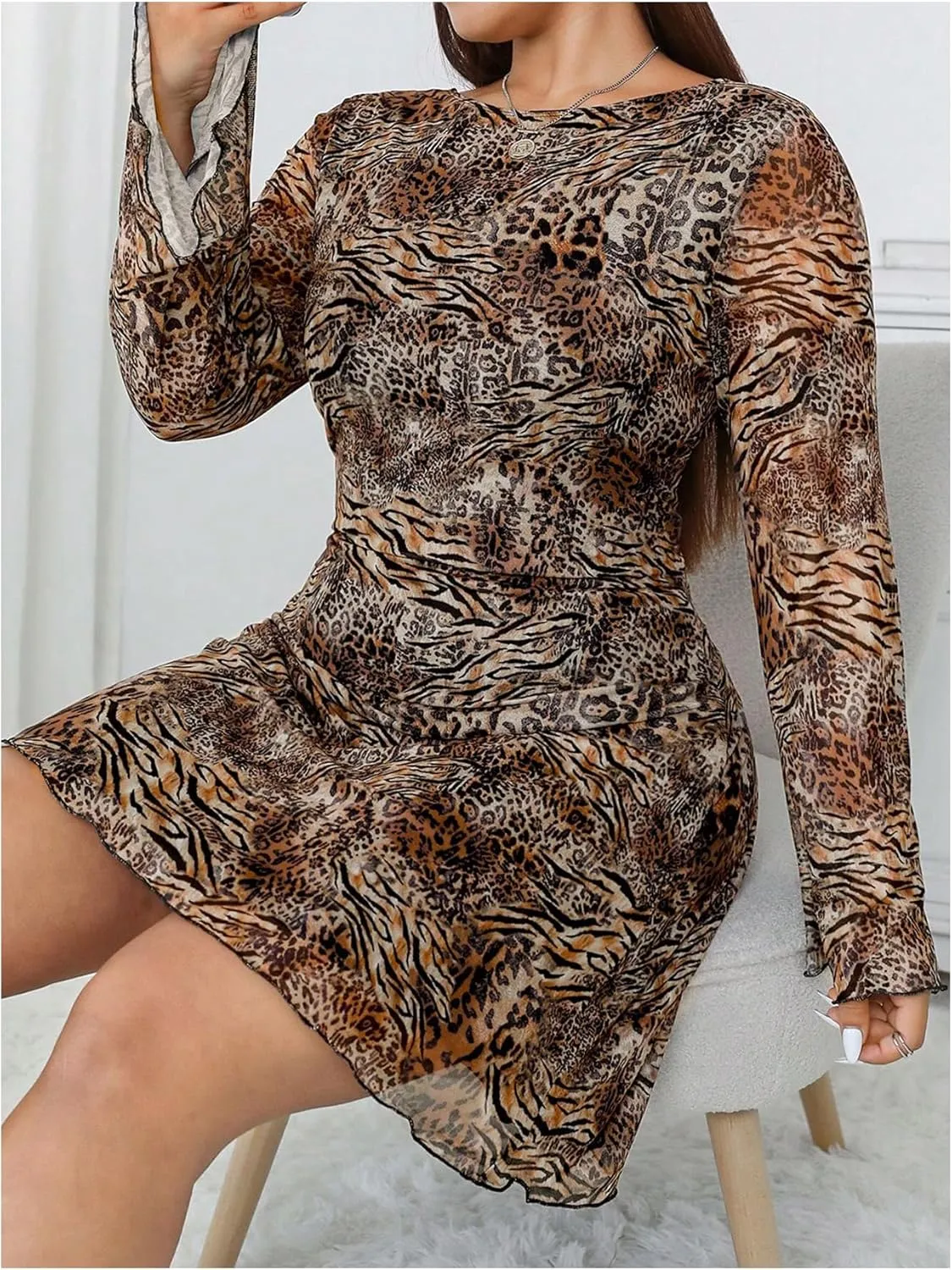 MakeMeChic Women's Plus Size Leopard Print Dress Bell Sleeve Cheetah Print Dress Y2K Mesh Backless Mini Dresses