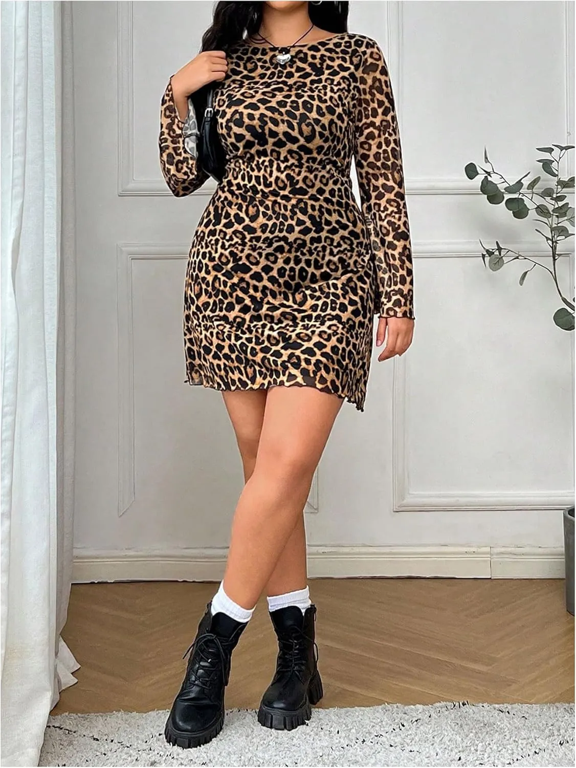 MakeMeChic Women's Plus Size Leopard Print Dress Bell Sleeve Cheetah Print Dress Y2K Mesh Backless Mini Dresses