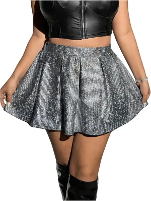 MakeMeChic Women's Plus Size Skirt Metallic Sparkling Sequin Pleated A Line Short Party Skirts