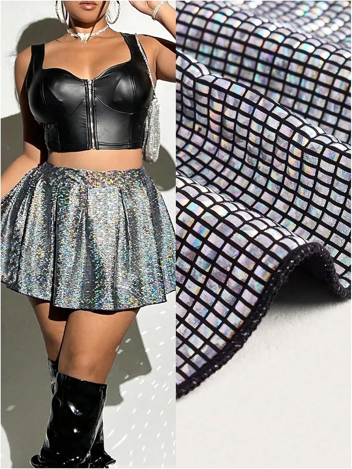 MakeMeChic Women's Plus Size Skirt Metallic Sparkling Sequin Pleated A Line Short Party Skirts