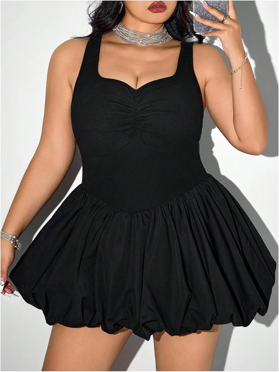 MakeMeChic Women's Plus Size Sleeveless Bubble Dress Ruched Rib Knitted A Line Mini Dresses