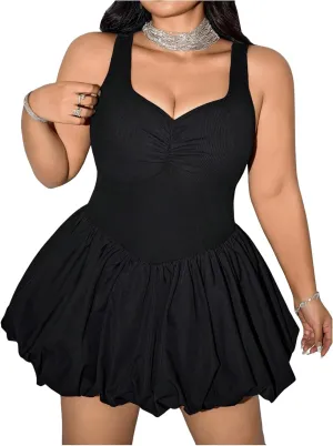 MakeMeChic Women's Plus Size Sleeveless Bubble Dress Ruched Rib Knitted A Line Mini Dresses