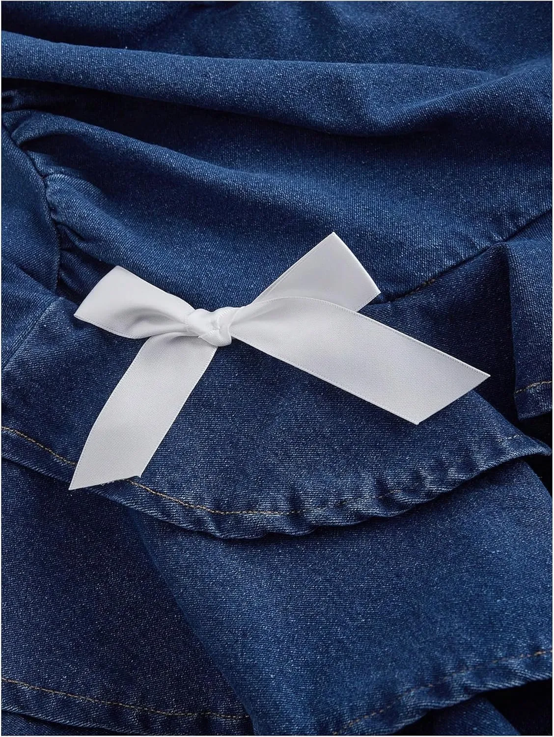 MakeMeChic Women's Ruched Bandeau Denim Mini Dress Bow Knot Ruffle Tiered Dresses