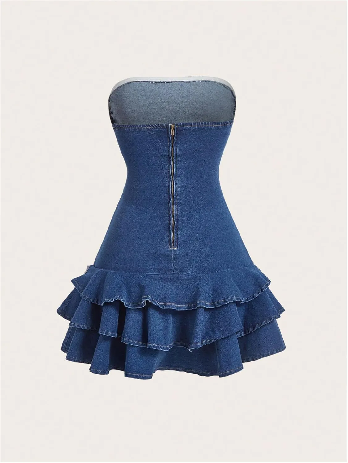MakeMeChic Women's Ruched Bandeau Denim Mini Dress Bow Knot Ruffle Tiered Dresses