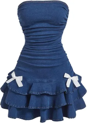 MakeMeChic Women's Ruched Bandeau Denim Mini Dress Bow Knot Ruffle Tiered Dresses