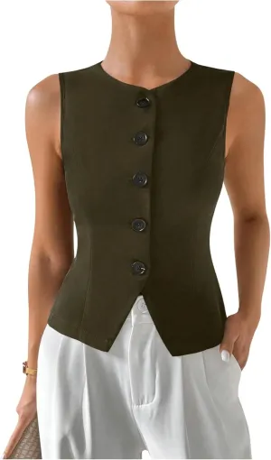 MakeMeChic Women's Sleeveless Single Breasted Blazer Round Neck Asymmetrical Hem Blazer Vest