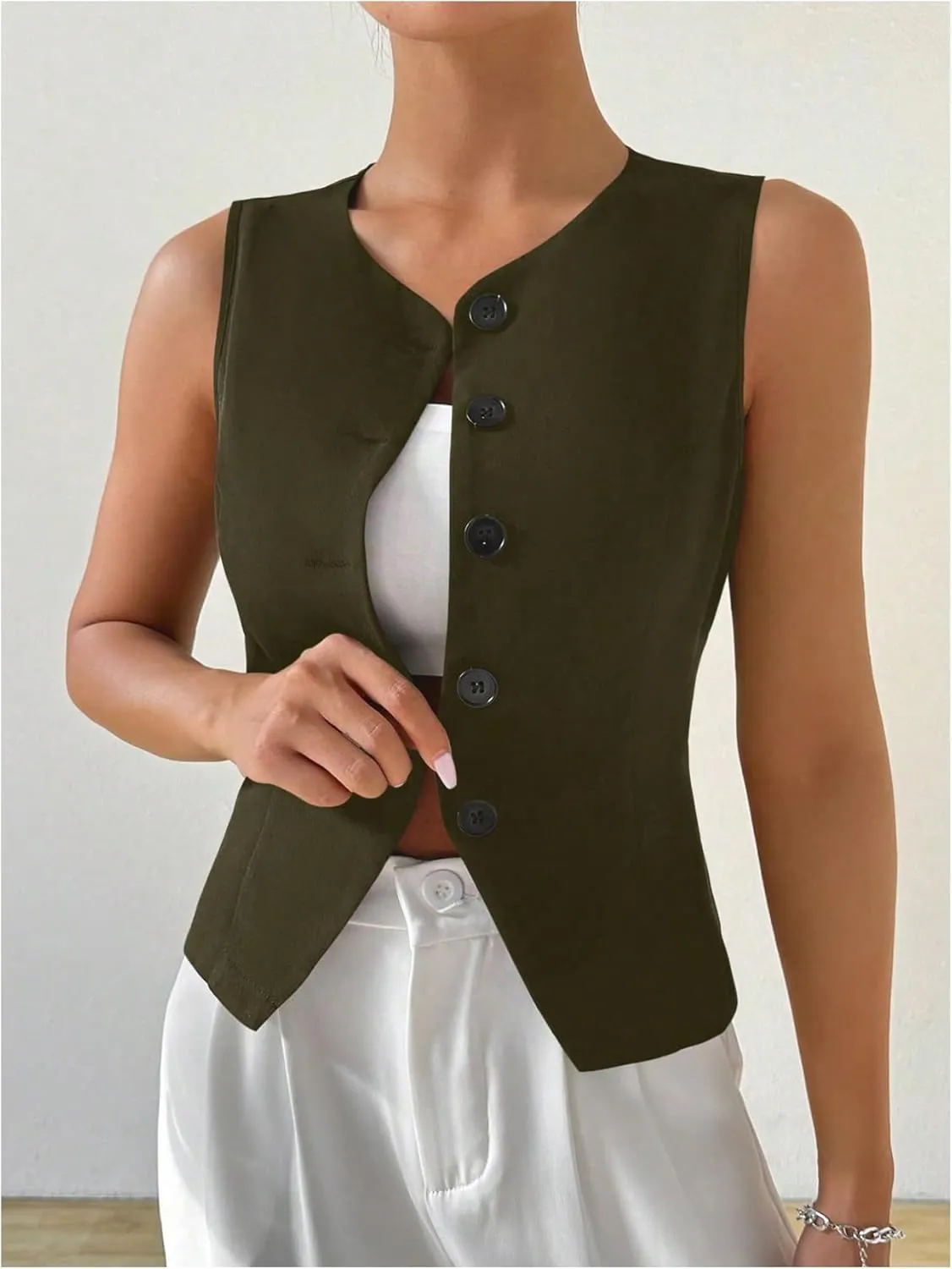 MakeMeChic Women's Sleeveless Single Breasted Blazer Round Neck Asymmetrical Hem Blazer Vest