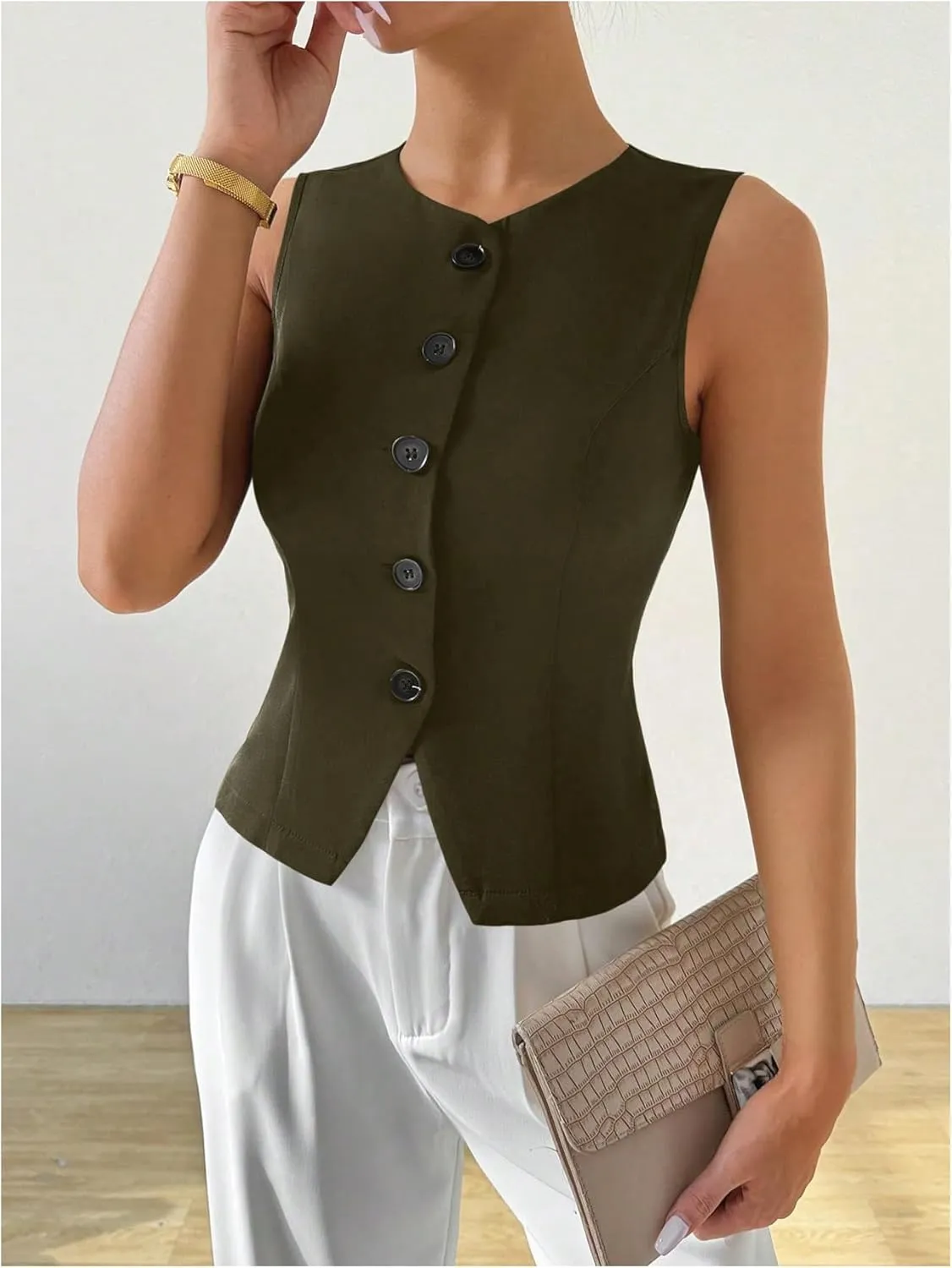 MakeMeChic Women's Sleeveless Single Breasted Blazer Round Neck Asymmetrical Hem Blazer Vest