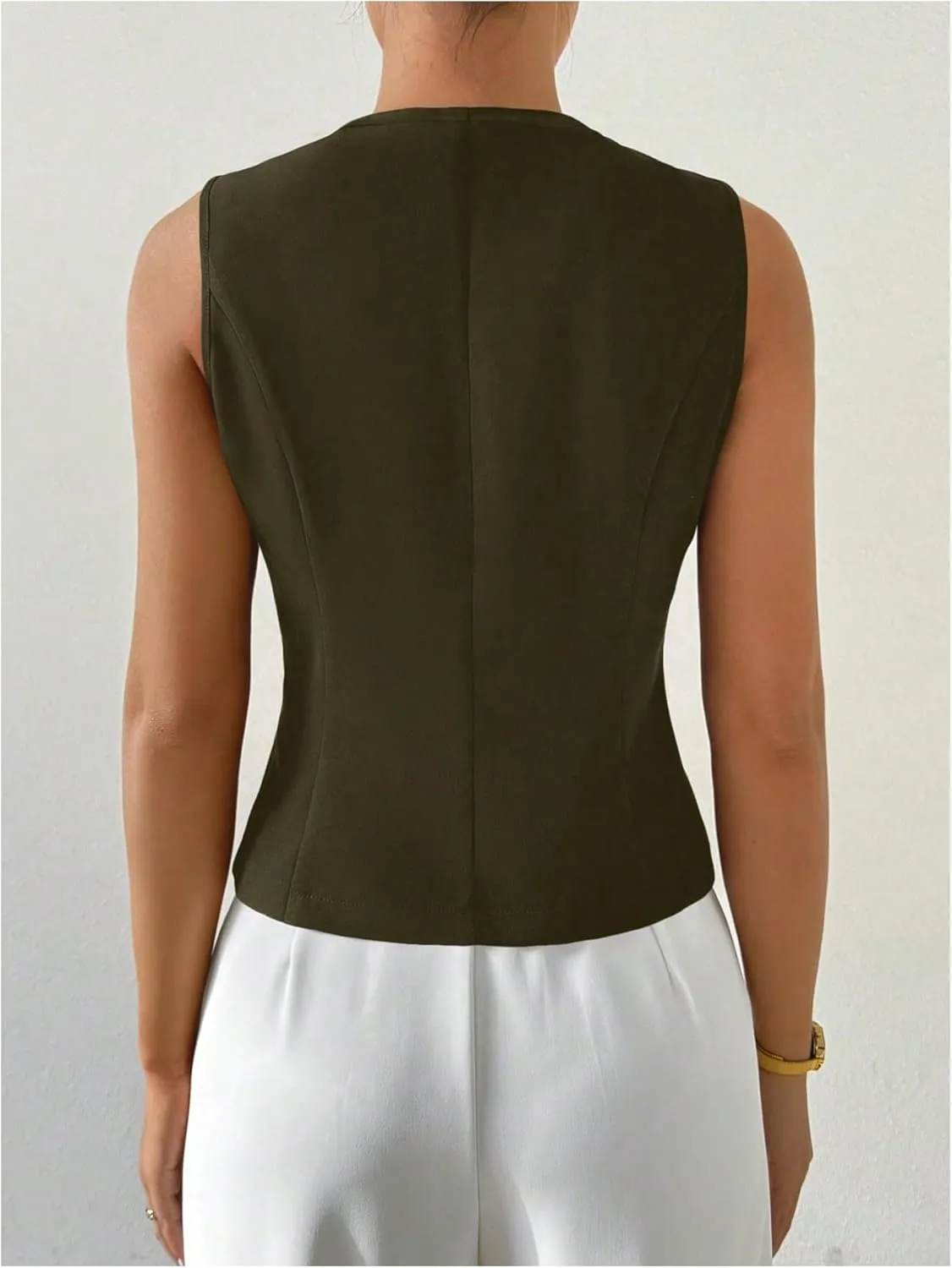 MakeMeChic Women's Sleeveless Single Breasted Blazer Round Neck Asymmetrical Hem Blazer Vest