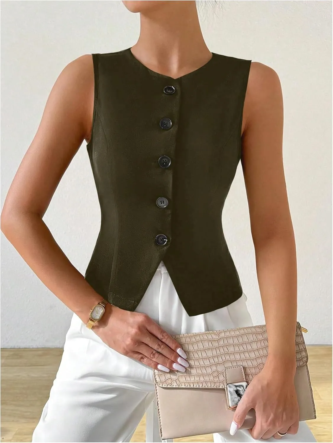 MakeMeChic Women's Sleeveless Single Breasted Blazer Round Neck Asymmetrical Hem Blazer Vest