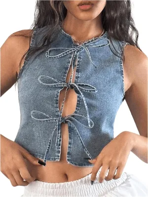 MakeMeChic Women's Tie Front Denim Vests Sleeveless Crew Neck Slim Fit Crop Tops