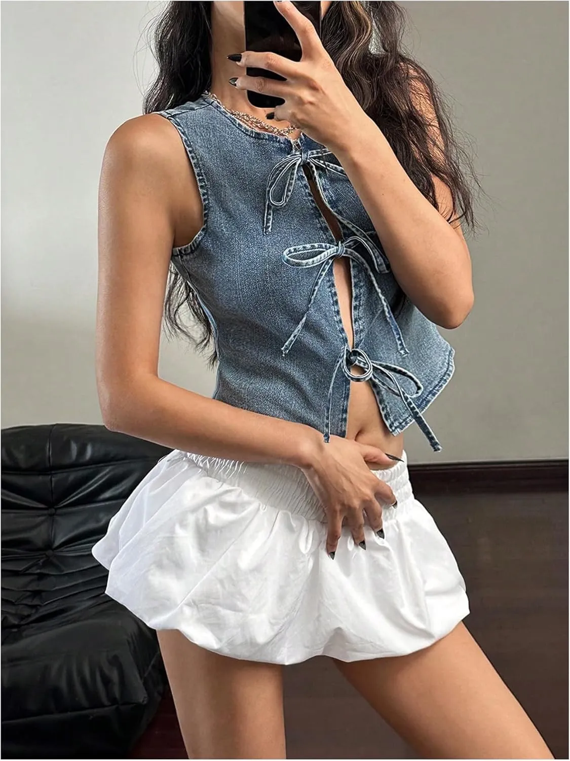 MakeMeChic Women's Tie Front Denim Vests Sleeveless Crew Neck Slim Fit Crop Tops