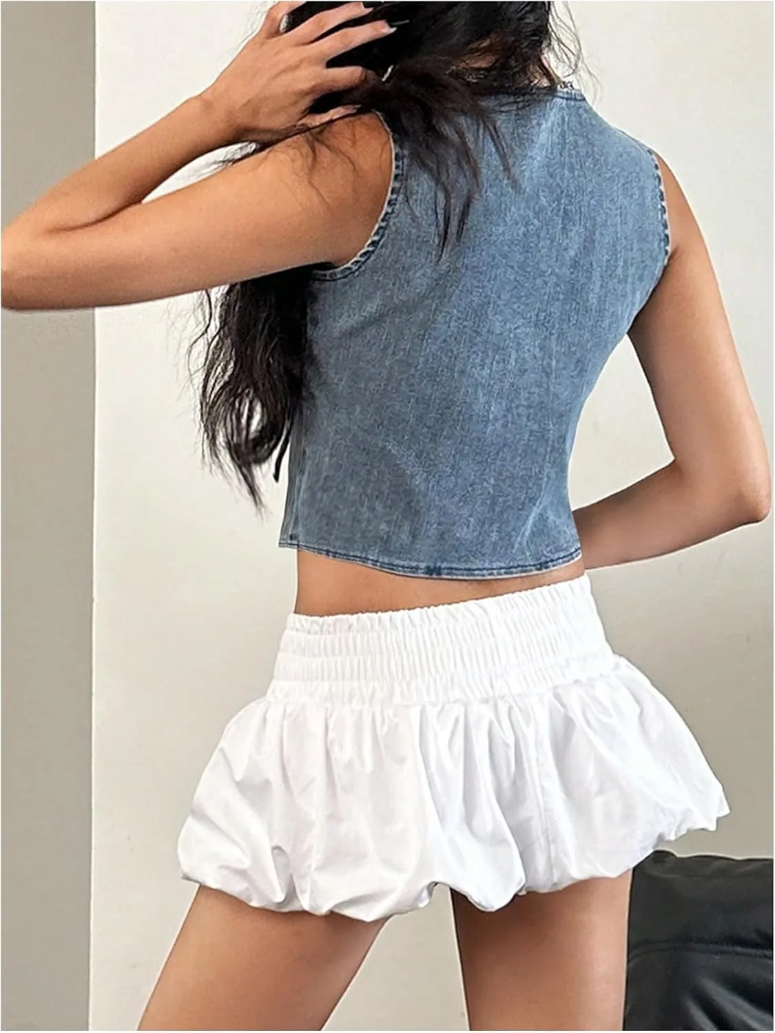 MakeMeChic Women's Tie Front Denim Vests Sleeveless Crew Neck Slim Fit Crop Tops