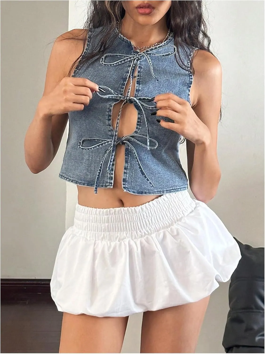 MakeMeChic Women's Tie Front Denim Vests Sleeveless Crew Neck Slim Fit Crop Tops
