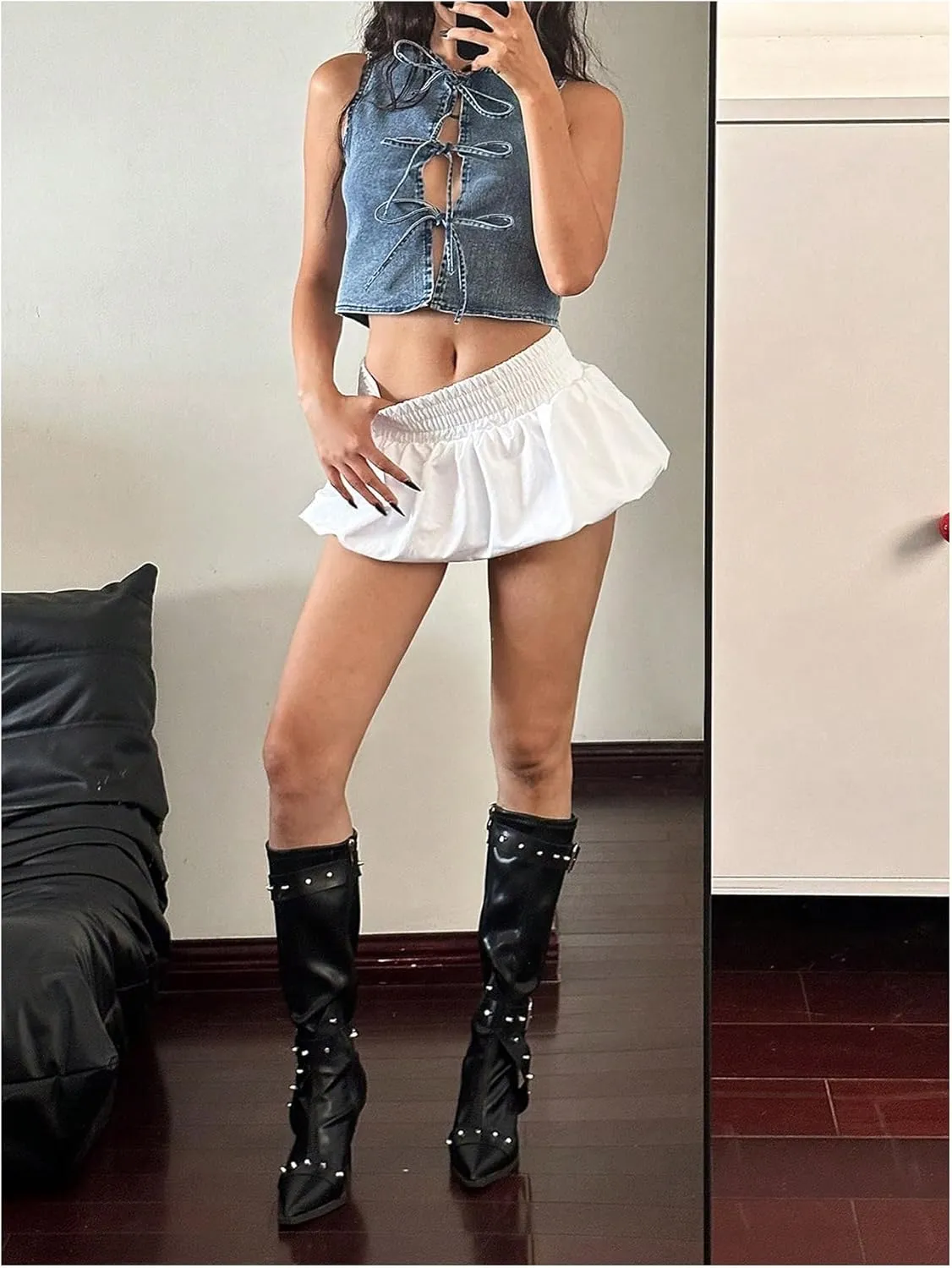 MakeMeChic Women's Tie Front Denim Vests Sleeveless Crew Neck Slim Fit Crop Tops