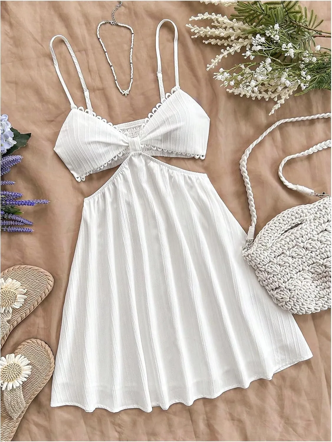 MakeMeChic Women's V Neck Cami Dress Cut Out Sleeveless Shirred Flare Summer Mini Dresses