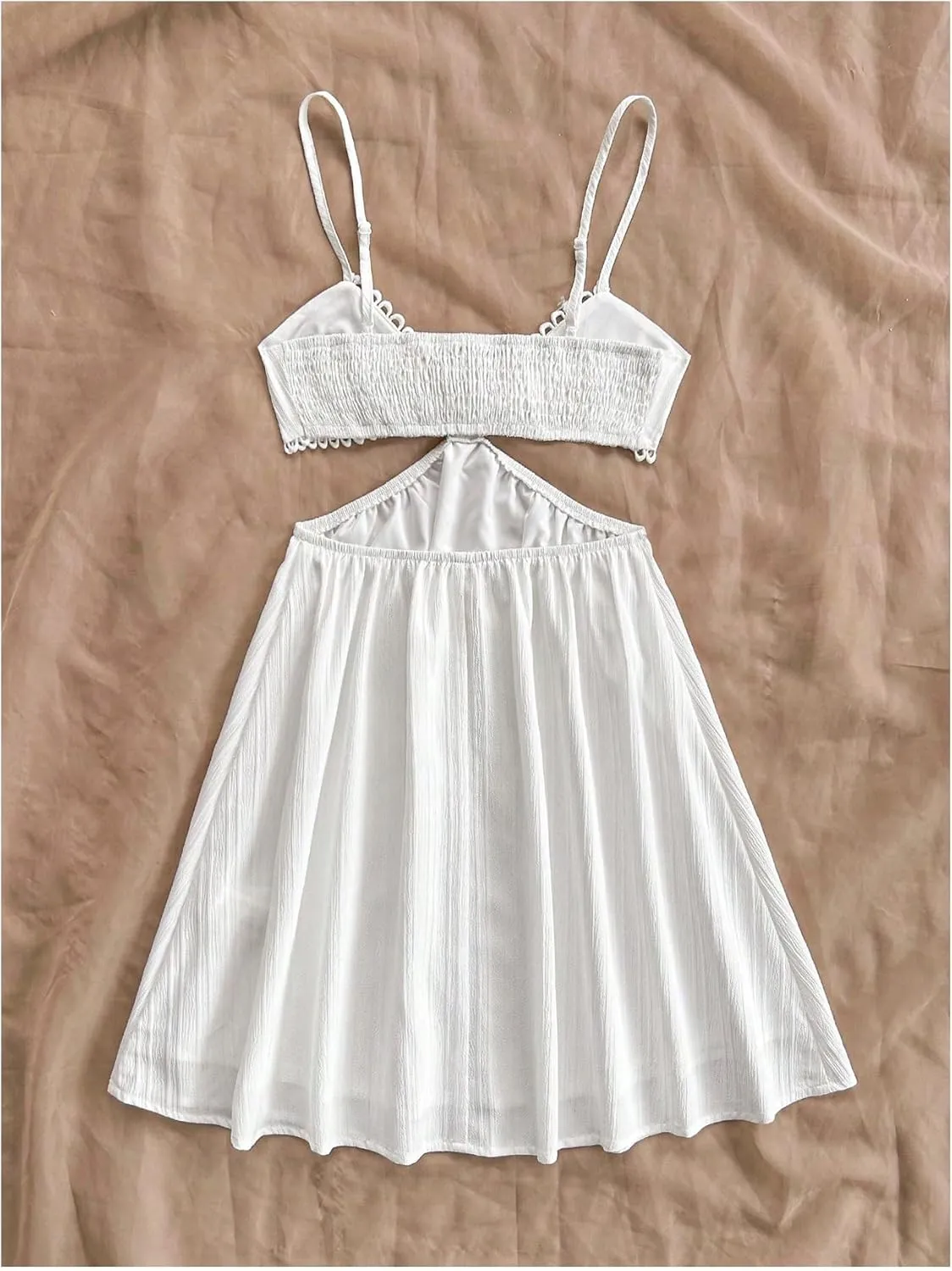 MakeMeChic Women's V Neck Cami Dress Cut Out Sleeveless Shirred Flare Summer Mini Dresses