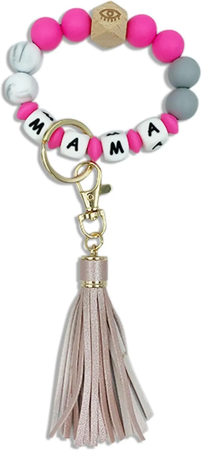 Mama Silicone Bead Bracelet Wristlet Keychain Gifts for Mother,Car Key Holder Wrists Bangel Key Chains Keyring