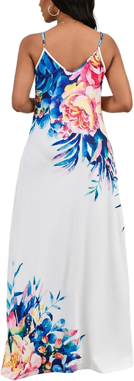 Maxi Dress for Women 2025 Plus Size Summer Casual Sexy Floral Sleeveless Vacation Long Sundresses with Pockets