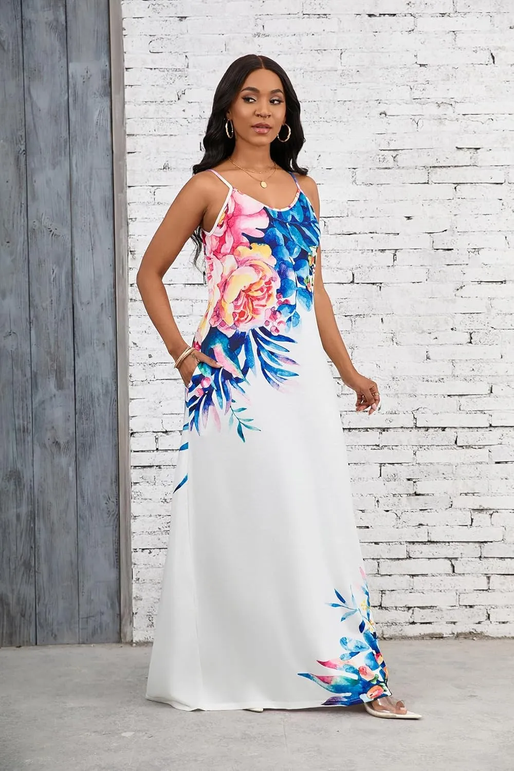 Maxi Dress for Women 2025 Plus Size Summer Casual Sexy Floral Sleeveless Vacation Long Sundresses with Pockets