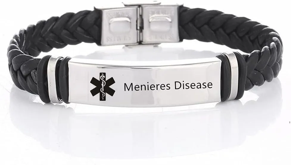 Medical Alert ID Bracelets Menieres Disease for Men Women - Leather Sos Emergency Identification Tag Caduceus Bracelet,Health Alert Systems,Allergy Awareness Bracelet