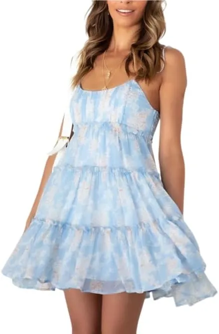 Melliflo Women's Mini Dress Floral Print Strap Tiered Ruffle Hem Scoop Neck Boho Short Dress