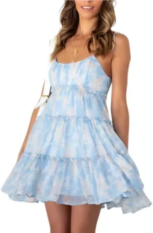 Melliflo Women's Mini Dress Floral Print Strap Tiered Ruffle Hem Scoop Neck Boho Short Dress