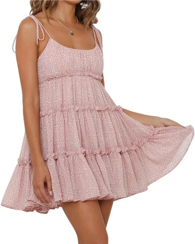 Melliflo Women's Mini Dress Floral Print Strap Tiered Ruffle Hem Scoop Neck Boho Short Dress