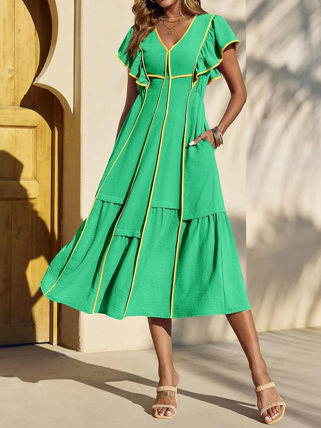 Melliflo Women's Summer Boho Maxi Dresses Casual Ruffle Sleeve Contrast Striped Long Flowy Beach Dress Loose V Neck Sundress