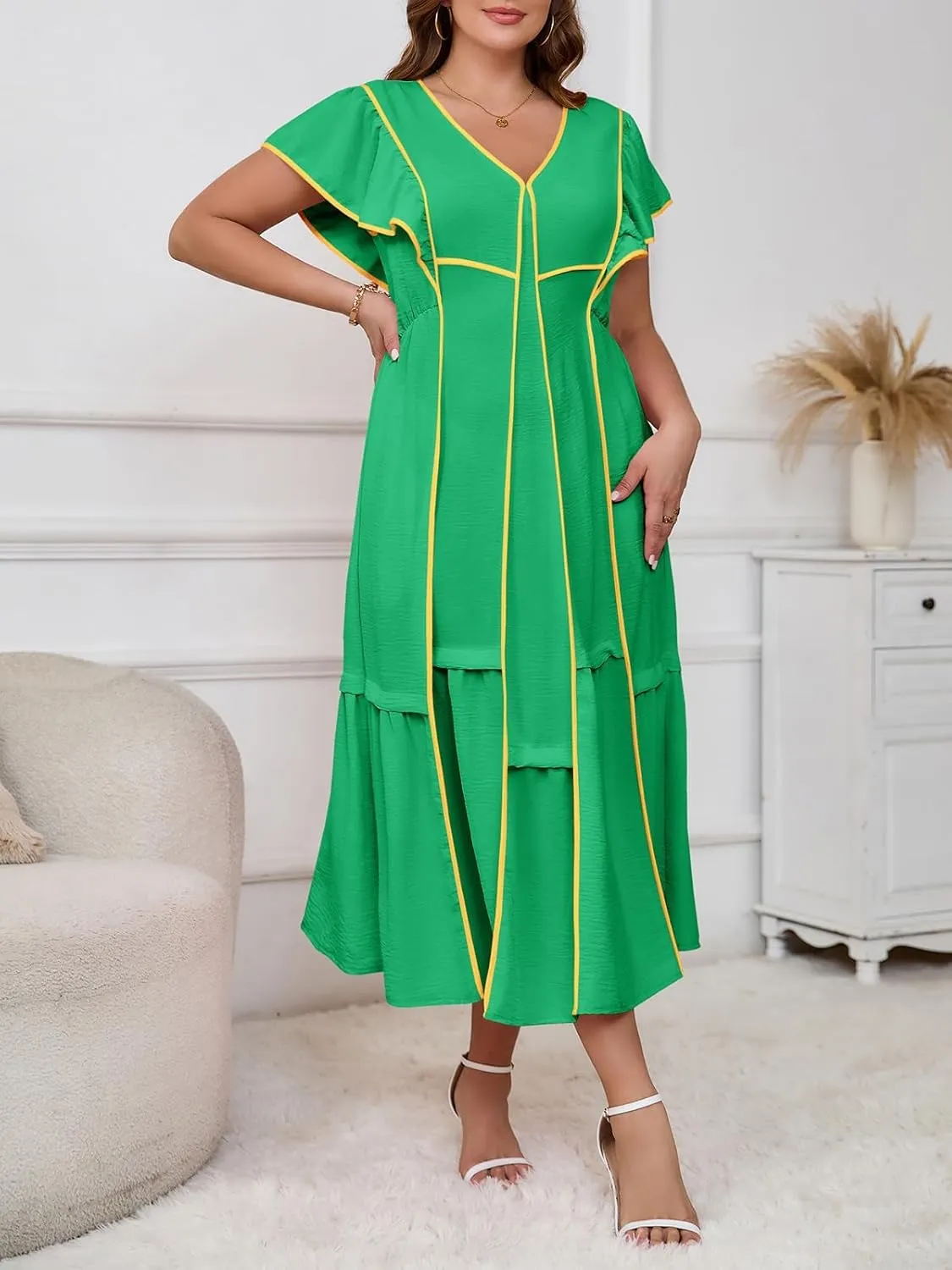 Melliflo Women's Summer Boho Maxi Dresses Casual Ruffle Sleeve Contrast Striped Long Flowy Beach Dress Loose V Neck Sundress