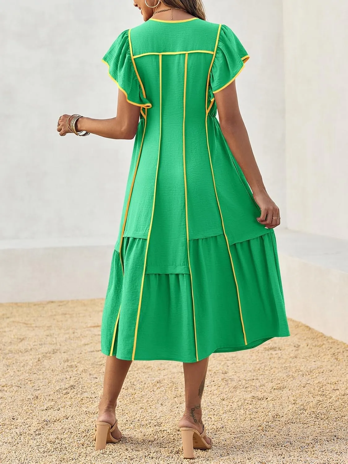 Melliflo Women's Summer Boho Maxi Dresses Casual Ruffle Sleeve Contrast Striped Long Flowy Beach Dress Loose V Neck Sundress