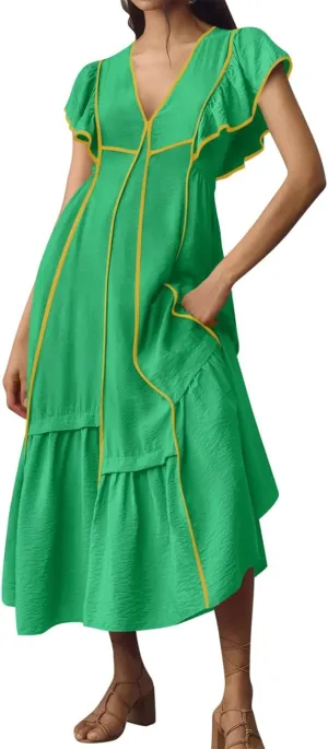 Melliflo Women's Summer Boho Maxi Dresses Casual Ruffle Sleeve Contrast Striped Long Flowy Beach Dress Loose V Neck Sundress