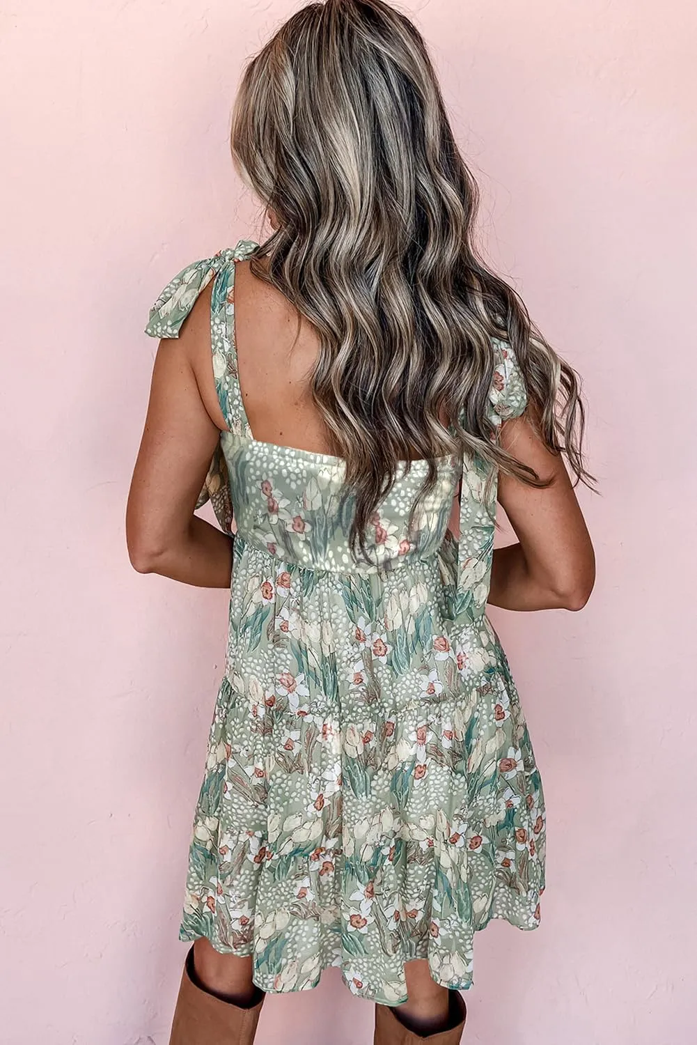 Melliflo Women's Summer Floral Smocked Dress Square Neck Tiered Ruffle Adjustable Spaghetti Strap Mini Dress