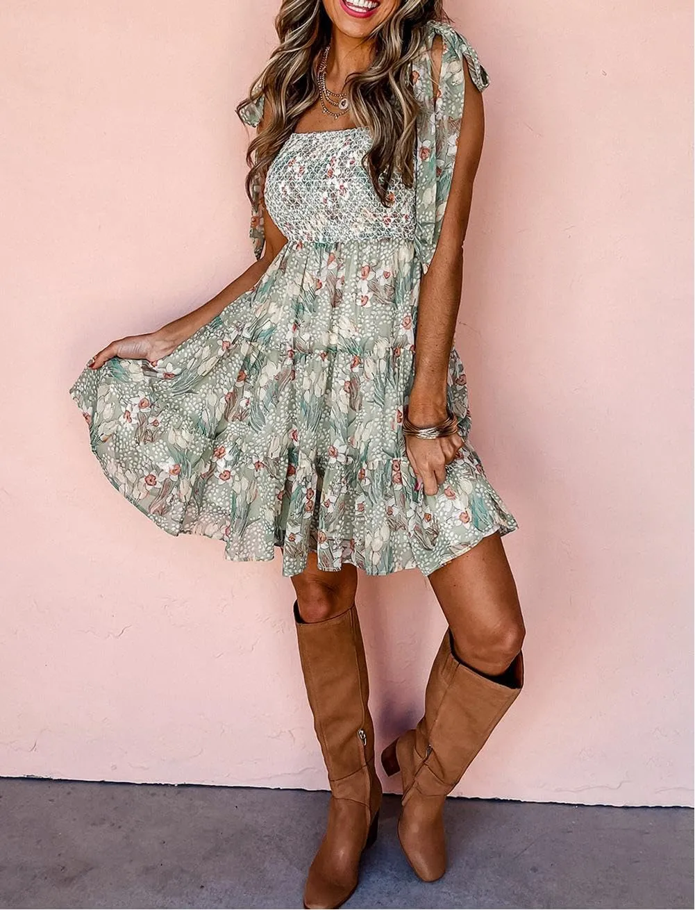 Melliflo Women's Summer Floral Smocked Dress Square Neck Tiered Ruffle Adjustable Spaghetti Strap Mini Dress