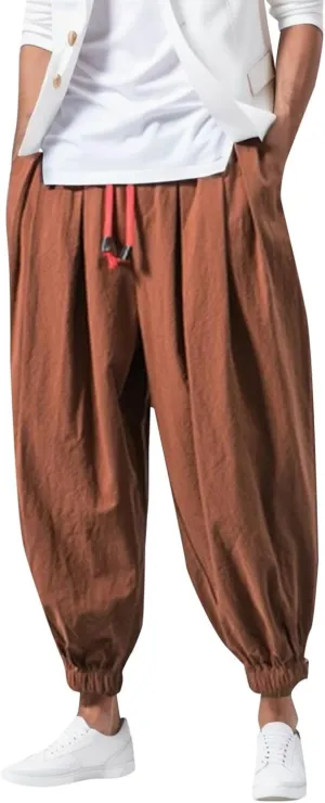 Men's Linen Harem Pants Baggy Hippie Casual Pants Stretchy Waist Drop Crotch Comfy Joggers Trousers with Pocket 2025