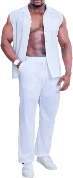 Mens Linen Sets 2 Piece Outfits Sleeveless Shirt and Pants Set Vacation Outfit for Men Summer Beach Suits