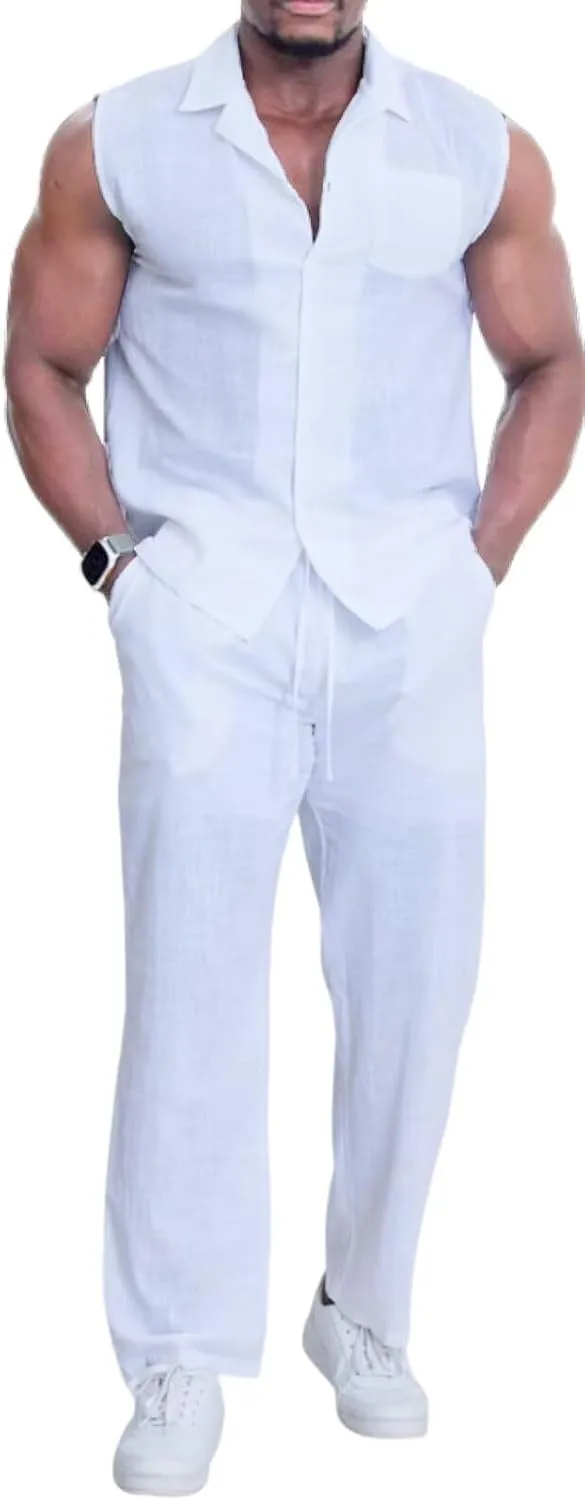 Mens Linen Sets 2 Piece Outfits Sleeveless Shirt and Pants Set Vacation Outfit for Men Summer Beach Suits