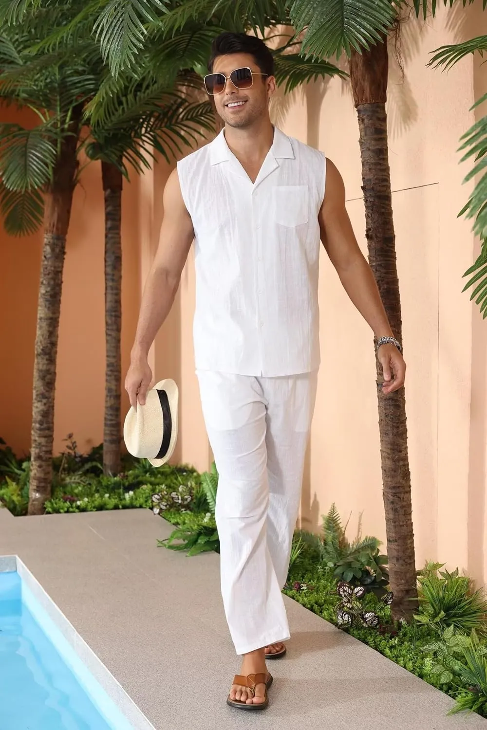 Mens Linen Sets 2 Piece Outfits Sleeveless Shirt and Pants Set Vacation Outfit for Men Summer Beach Suits