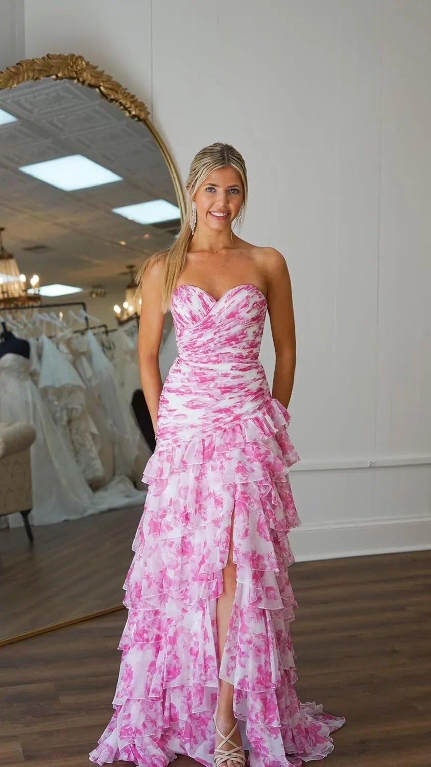 Mermaid Floral Chiffon Prom Dress Tiered Strapless Evening Gown Sweetheart Formal Dress with Slit ZD221