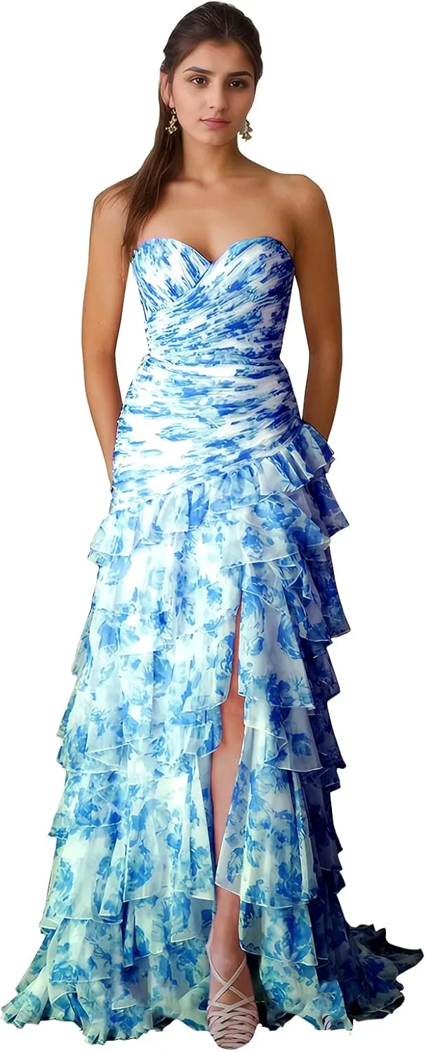 Mermaid Floral Chiffon Prom Dress Tiered Strapless Evening Gown Sweetheart Formal Dress with Slit ZD221