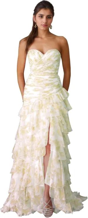 Mermaid Floral Chiffon Prom Dress Tiered Strapless Evening Gown Sweetheart Formal Dress with Slit ZD221