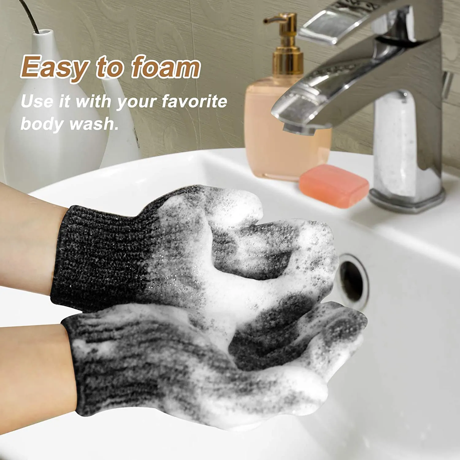 MIG4U Shower Exfoliating Scrub Gloves Medium to Heavy Bathing Gloves Body Wash Dead Skin Removal Deep Cleansing Sponge Loofah for Women and Men 1 Pair Light Green