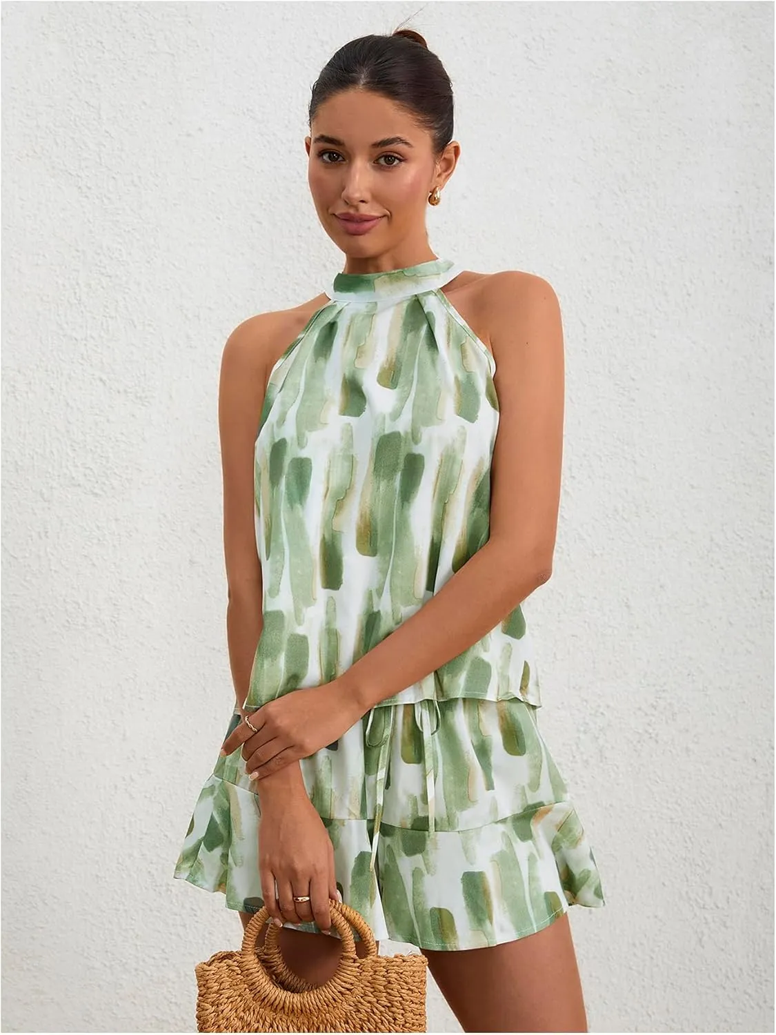 Milumia Women Summer Outfits 2 Piece Knot Back Halter Top and Wide Leg Shorts Sets