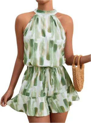 Milumia Women Summer Outfits 2 Piece Knot Back Halter Top and Wide Leg Shorts Sets