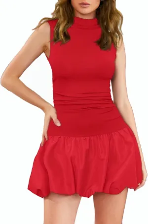 Milumia Women's Bubble Mini Dress Mock Neck Sleeveless Balletcore Puffy Short Party Dresses