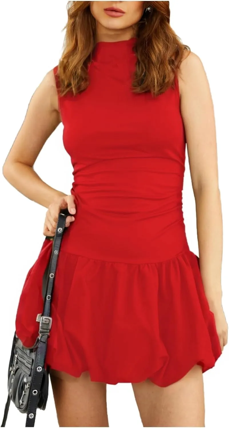 Milumia Women's Bubble Mini Dress Mock Neck Sleeveless Balletcore Puffy Short Party Dresses