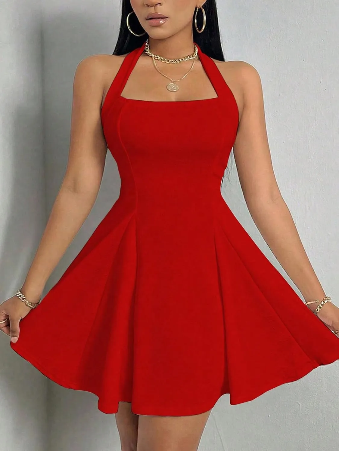 Milumia Women's Halter Mini Dress Backless A Line Flare Party Club Short Dresses
