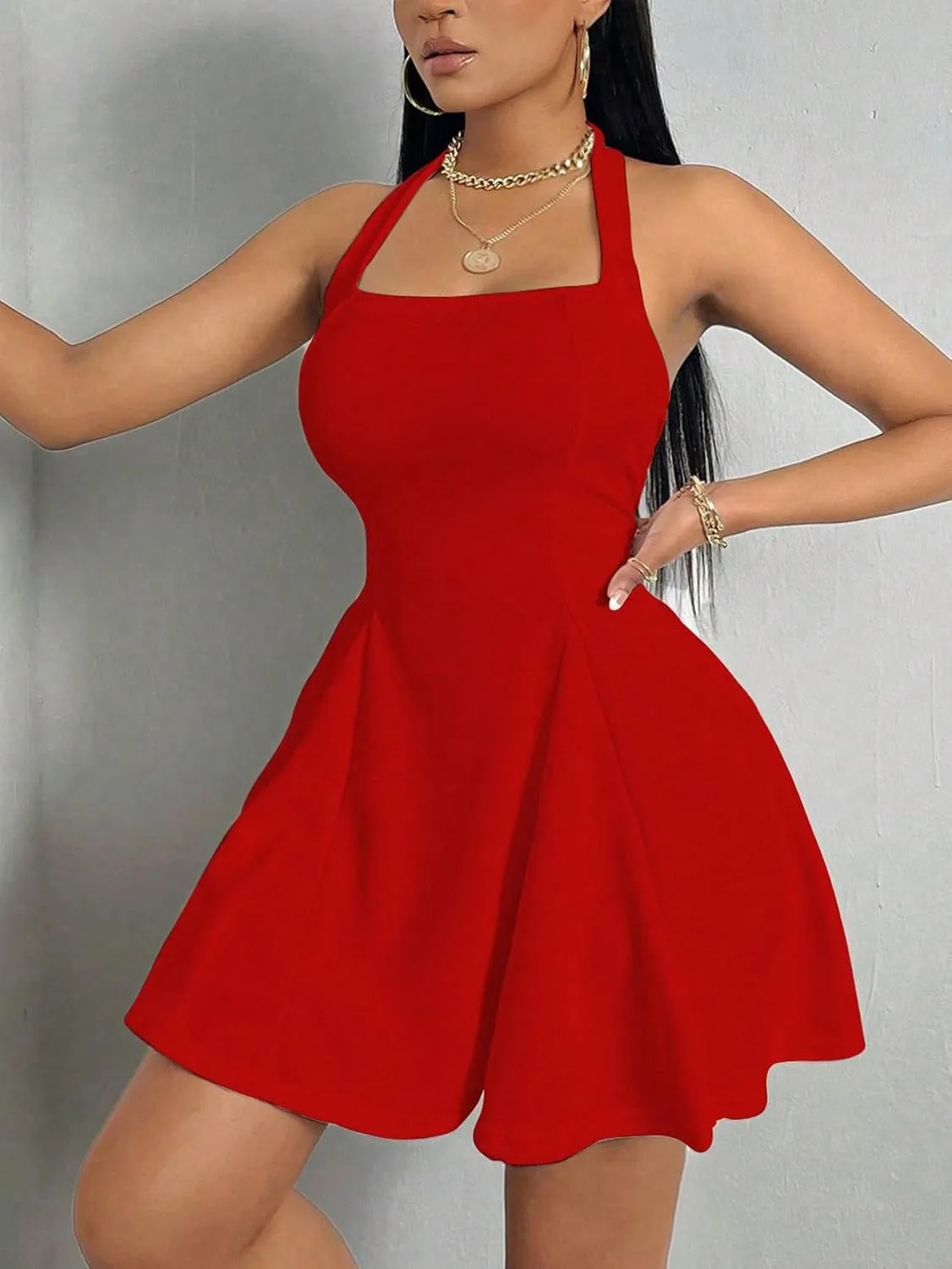 Milumia Women's Halter Mini Dress Backless A Line Flare Party Club Short Dresses