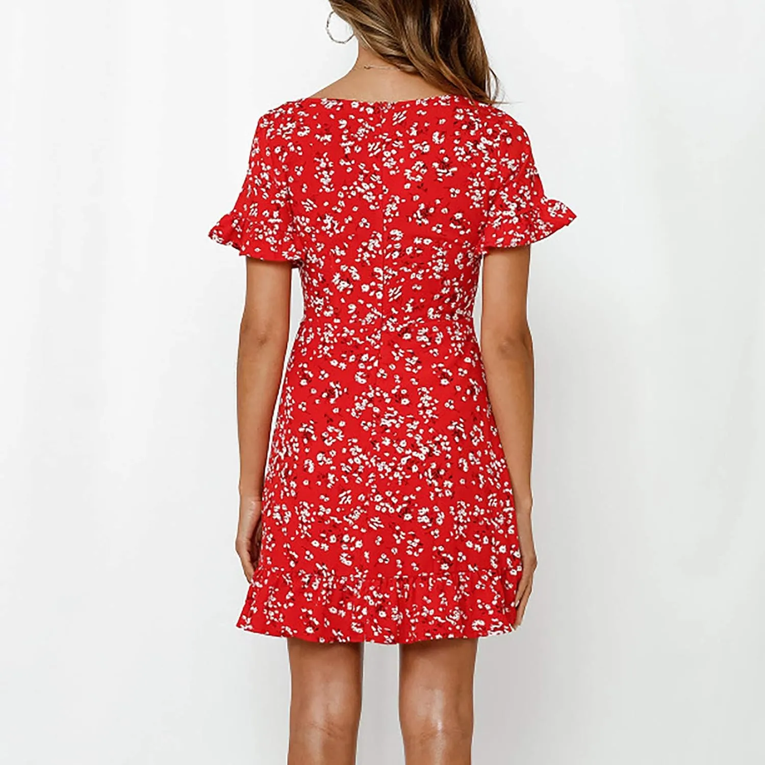 MINGXIN Women's Casual Floral Dress Short Sleeve V Neck Ruffle Mini Dress Lightweight Breathable Relaxed Fit Beach Dress