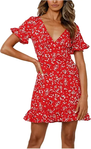 MINGXIN Women's Casual Floral Dress Short Sleeve V Neck Ruffle Mini Dress Lightweight Breathable Relaxed Fit Beach Dress